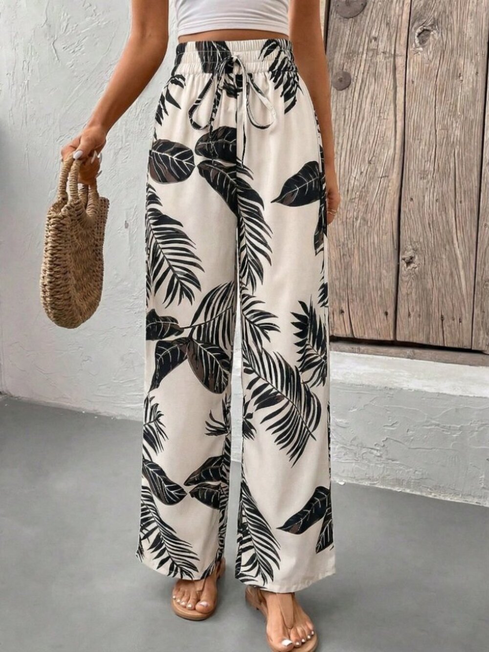 Cream Black Palm Leaf Print Wide Leg Drawstring Pants